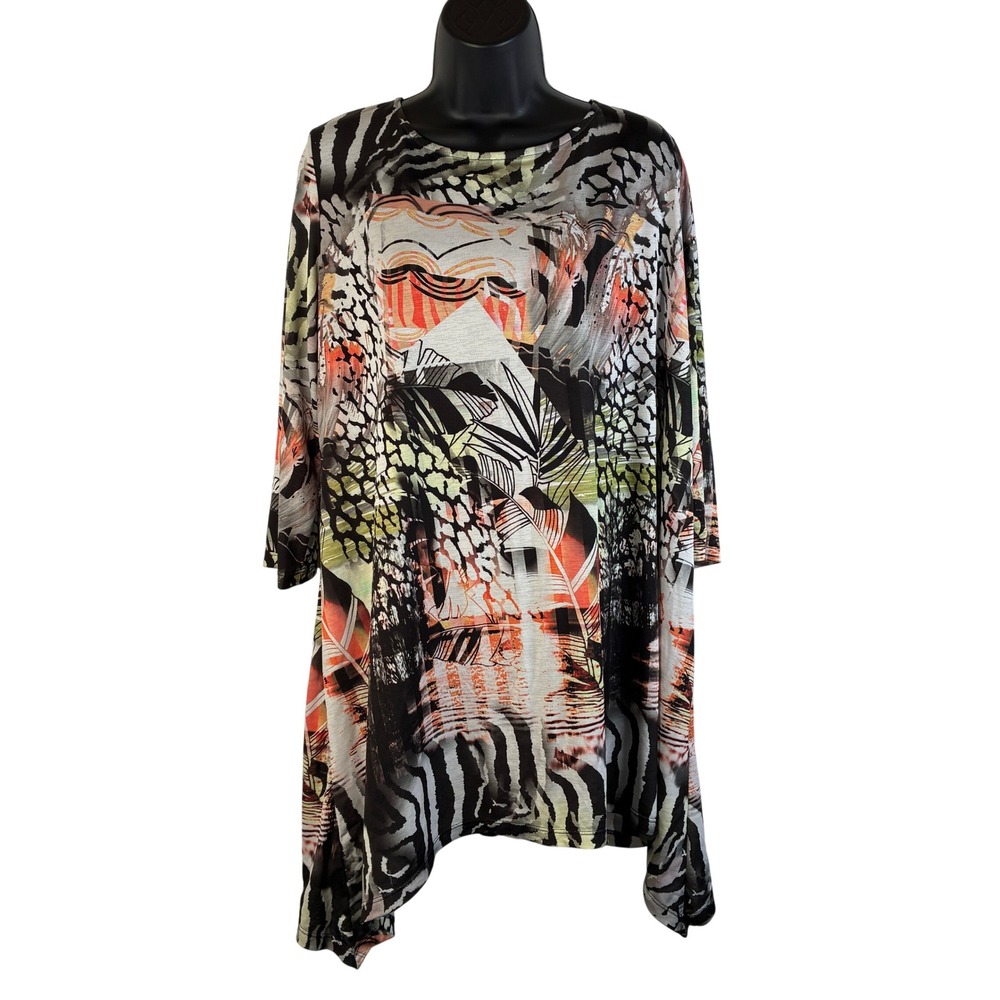 LBISSE Womens 2X Tunic Top Animal Abstract Print 3/4 Sleeve Sharkbite Hem USA